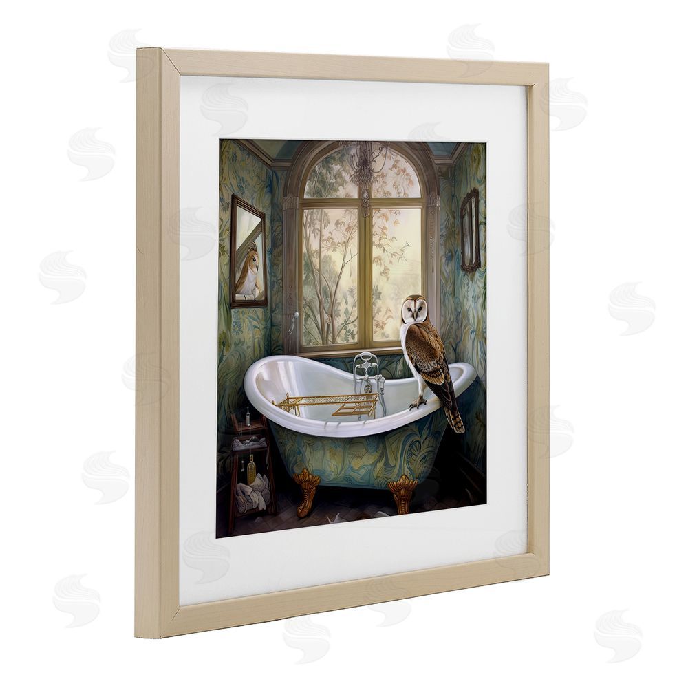 Sasha Paisley Patterned Owl Bathtime Brown Framed Print Under Glass Wall Art