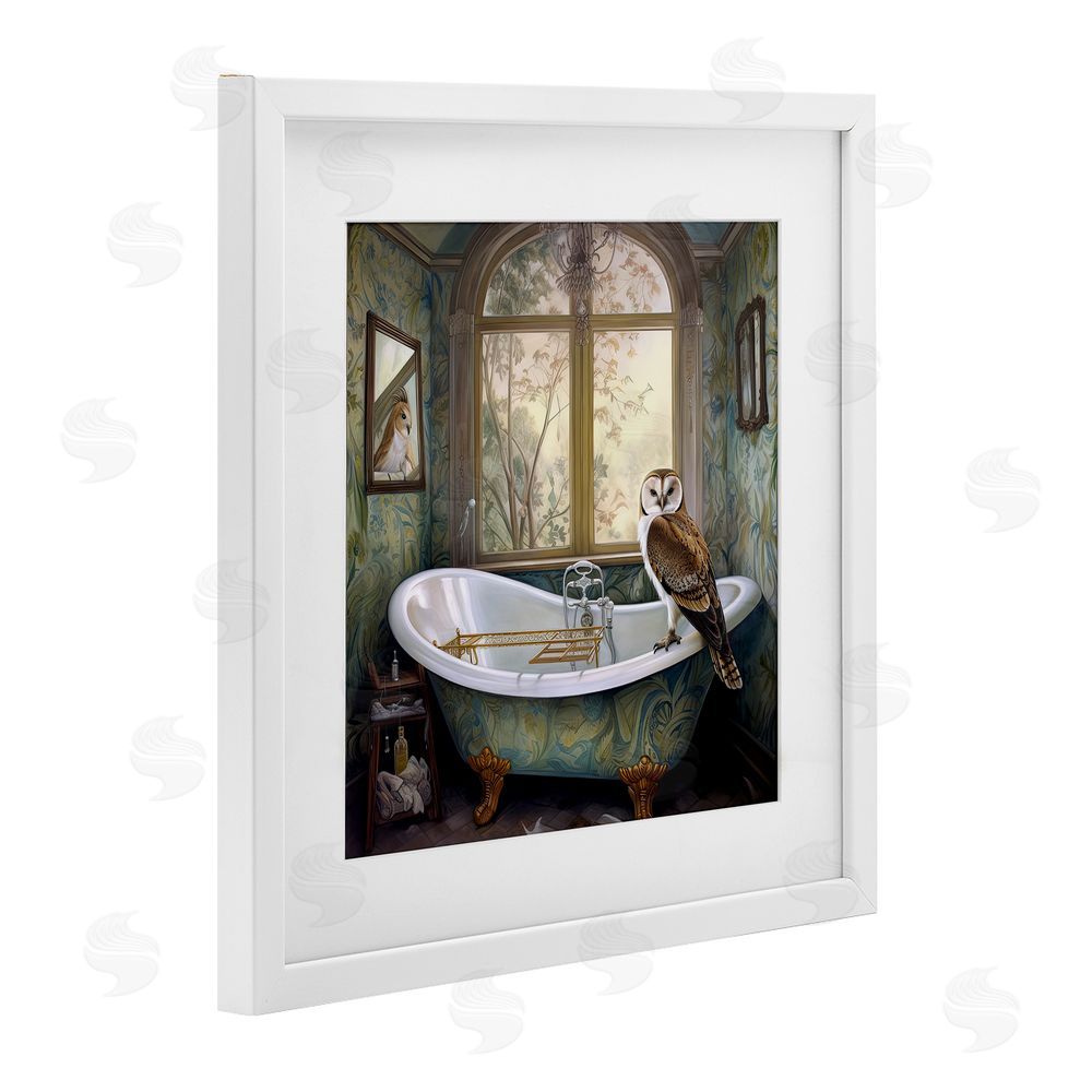 Sasha Paisley Patterned Owl Bathtime White Framed Print Under Glass Wall Art