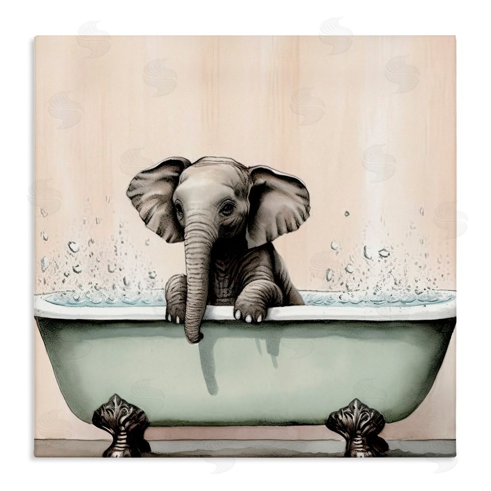 Sasha Baby Elephant Bathtime Stretched Canvas Wall Art Print