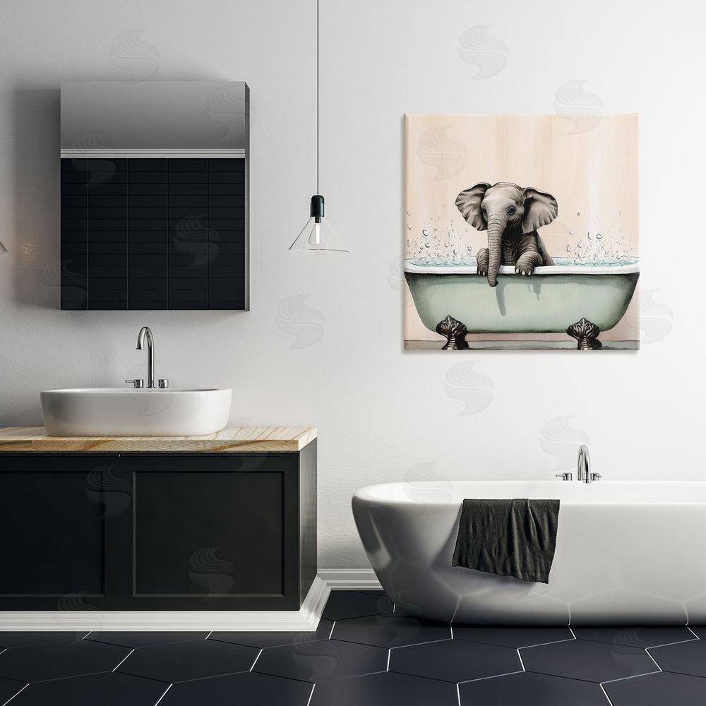 Sasha Baby Elephant Bathtime Stretched Canvas Wall Art Print in Room