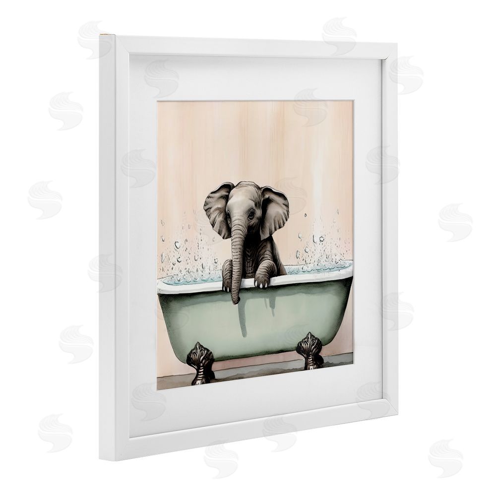 Sasha Baby Elephant Bathtime White Framed Print Under Glass Wall Art