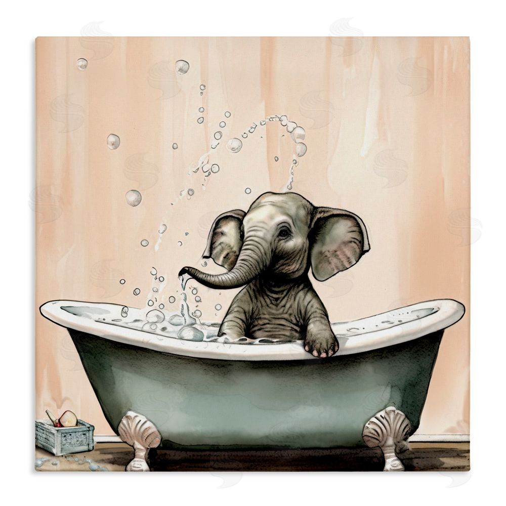 Sasha Baby Elephant Bubble Bath Stretched Canvas Wall Art Print