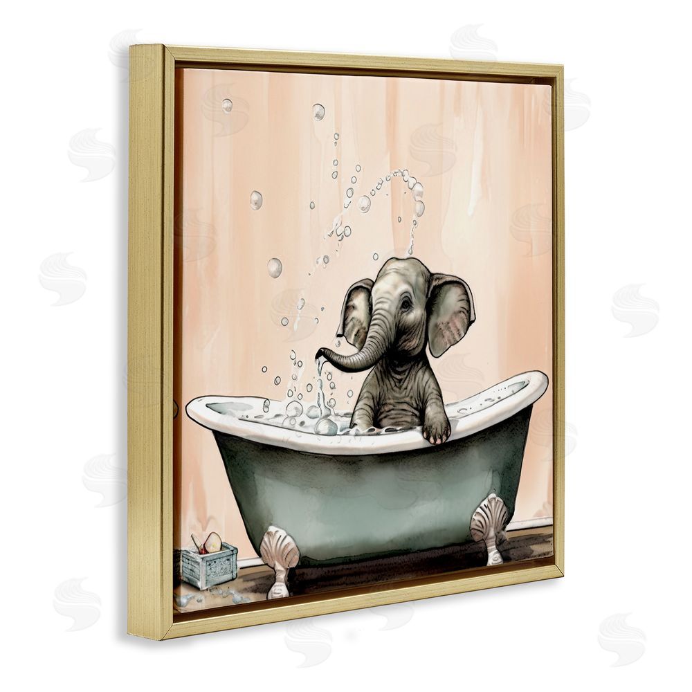 Sasha Baby Elephant Bubble Bath Gold Floating Frame Canvas Wall Art Print