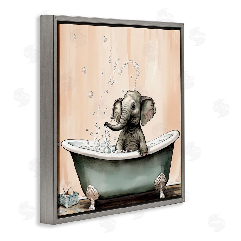 Sasha Baby Elephant Bubble Bath Gray Floating Frame Canvas Wall Art Print
