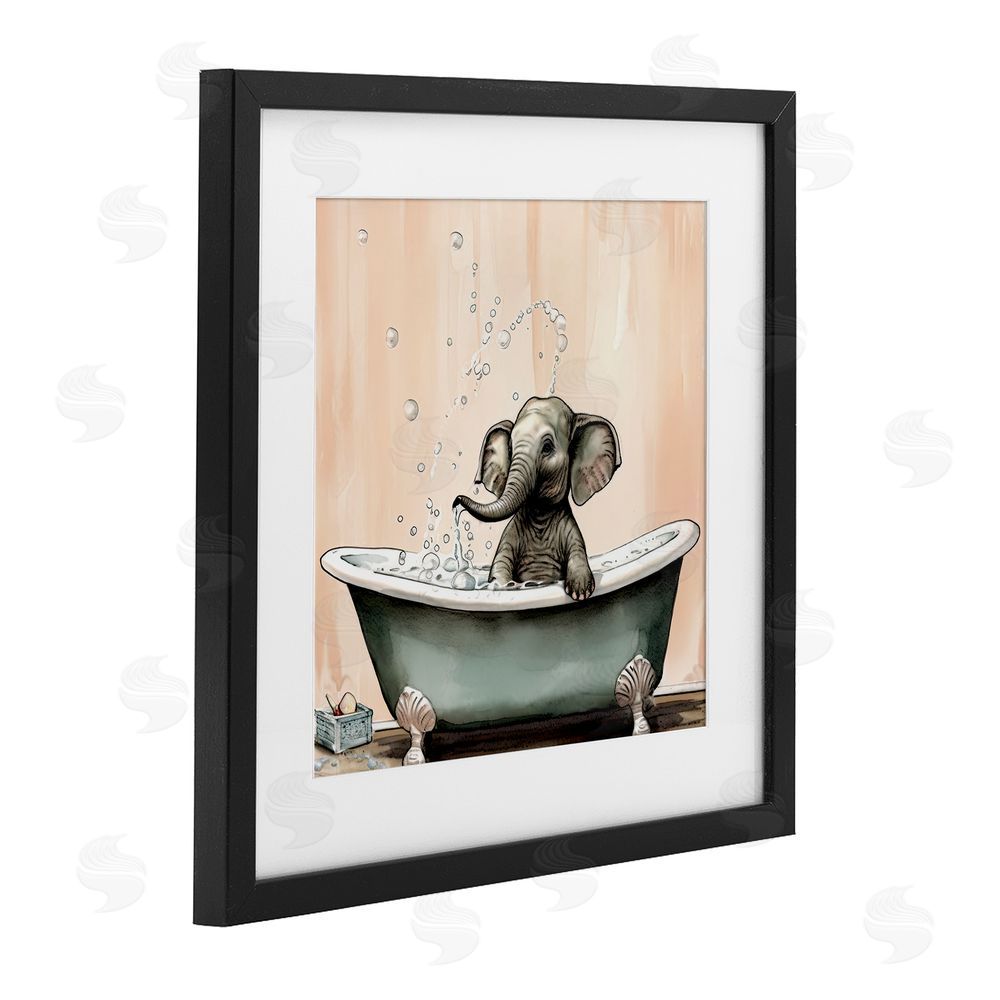 Sasha Baby Elephant Bubble Bath Black Framed Print Under Glass Wall Art
