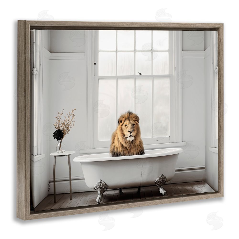 Sasha Minimalist Lion Bathtime Brown Floating Frame Canvas Wall Art Print
