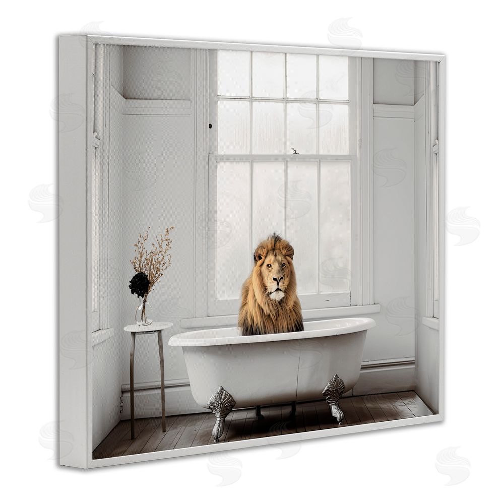 Sasha Minimalist Lion Bathtime White Framed Giclee Print Wall Art