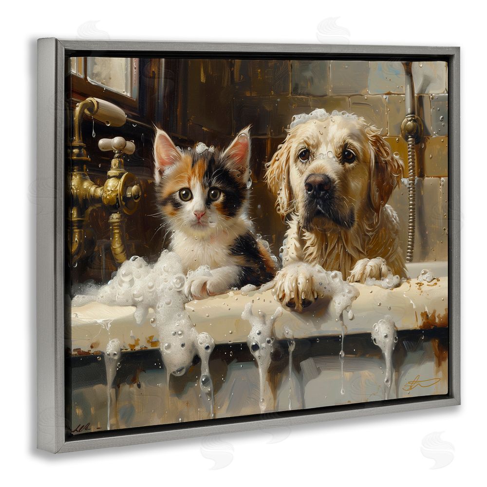 Shawna Stewart Bath Buddies Cat & Dog Gray Floating Frame Canvas Wall Art Print