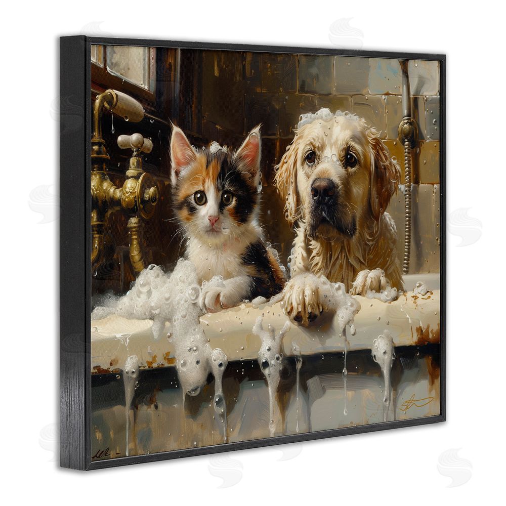 Shawna Stewart Bath Buddies Cat & Dog Black Framed Giclee Print Wall Art