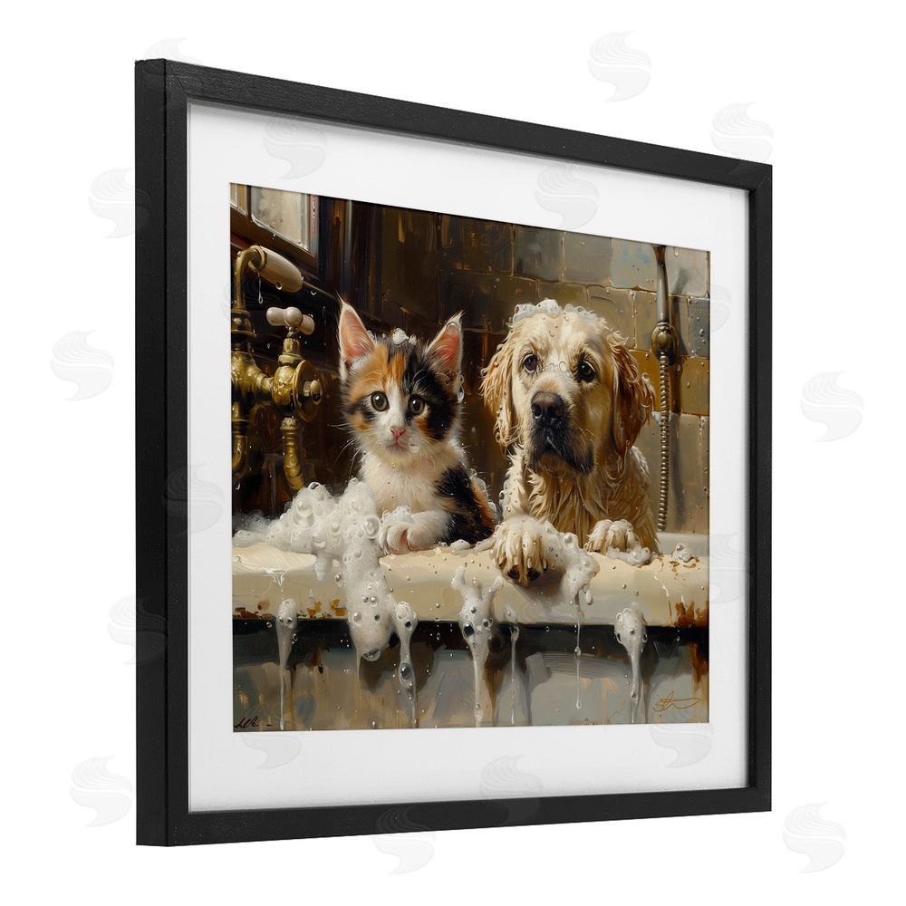Shawna Stewart Bath Buddies Cat & Dog Black Framed Print Under Glass Wall Art