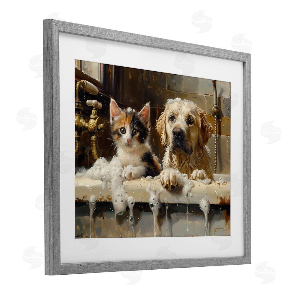 Shawna Stewart Bath Buddies Cat & Dog Gray Framed Print Under Glass Wall Art