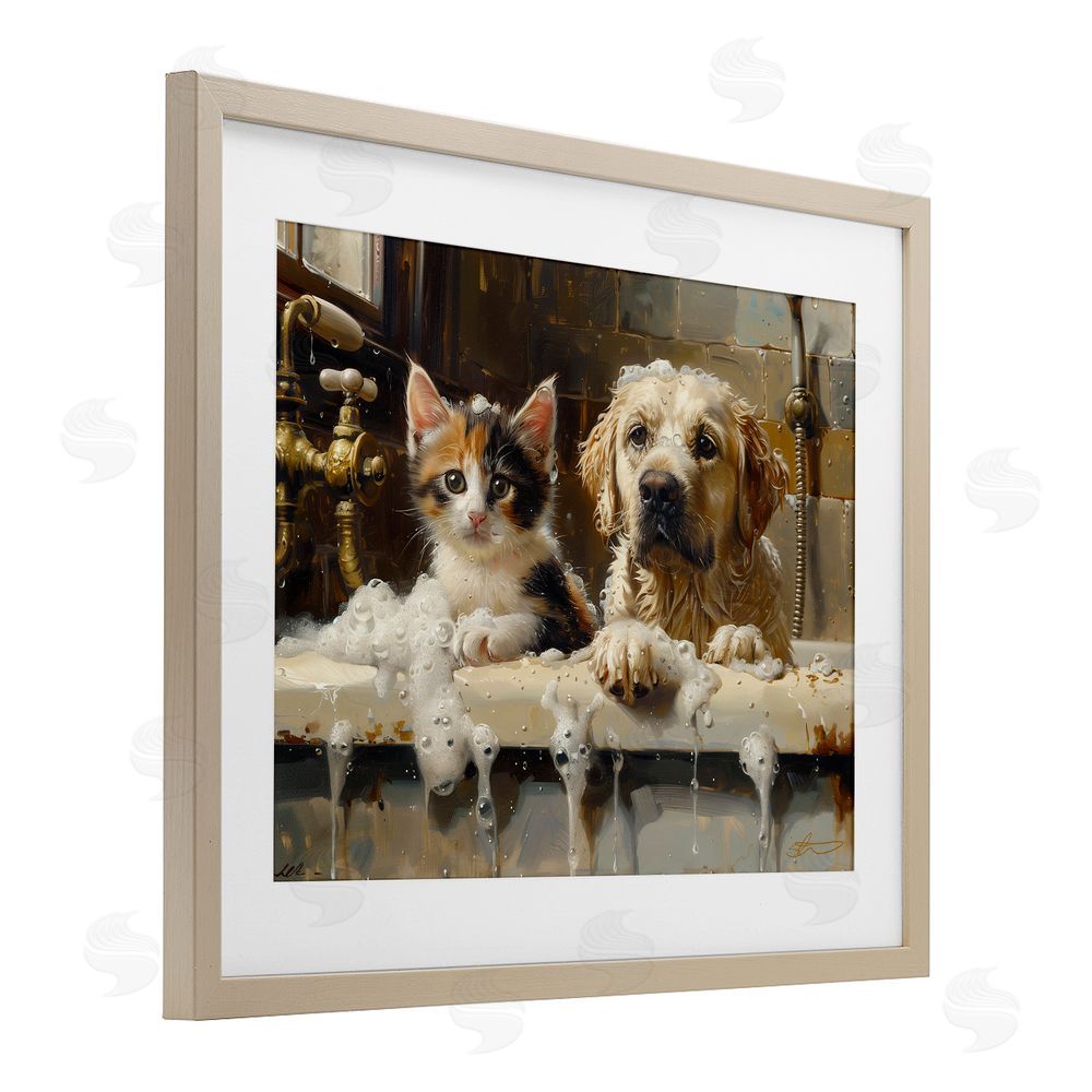 Shawna Stewart Bath Buddies Cat & Dog Brown Framed Print Under Glass Wall Art