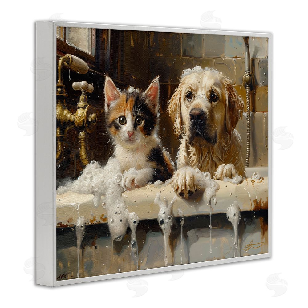 Shawna Stewart Bath Buddies Cat & Dog White Framed Giclee Print Wall Art