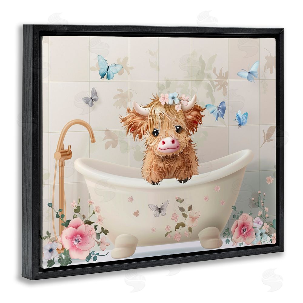 Shawna Stewart Baby Cattle in Floral Tub Black Floating Frame Canvas Wall Art Print