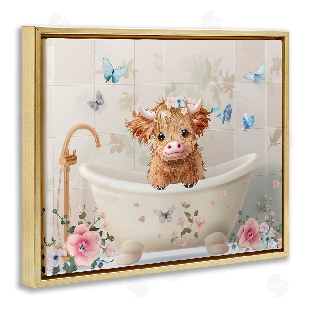 Shawna Stewart Baby Cattle in Floral Tub Gold Floating Frame Canvas Wall Art Print
