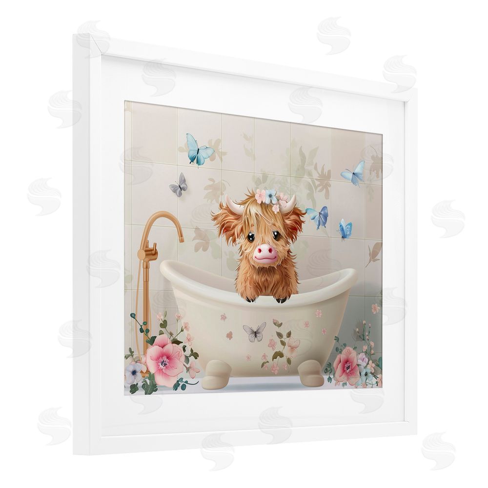 Shawna Stewart Baby Cattle in Floral Tub White Framed Print Under Glass Wall Art