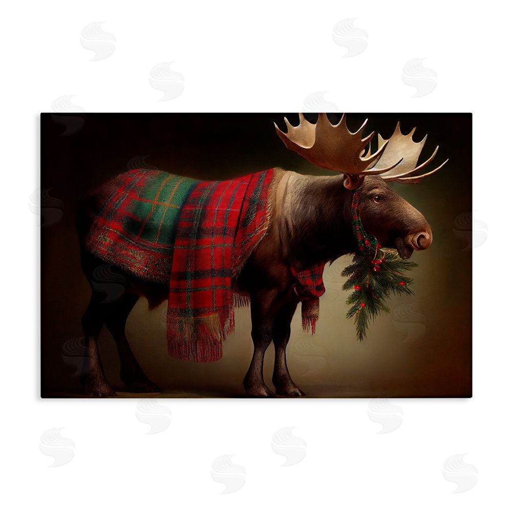 Sasha Festive Moose with Plaid Canvas Wall Art Print