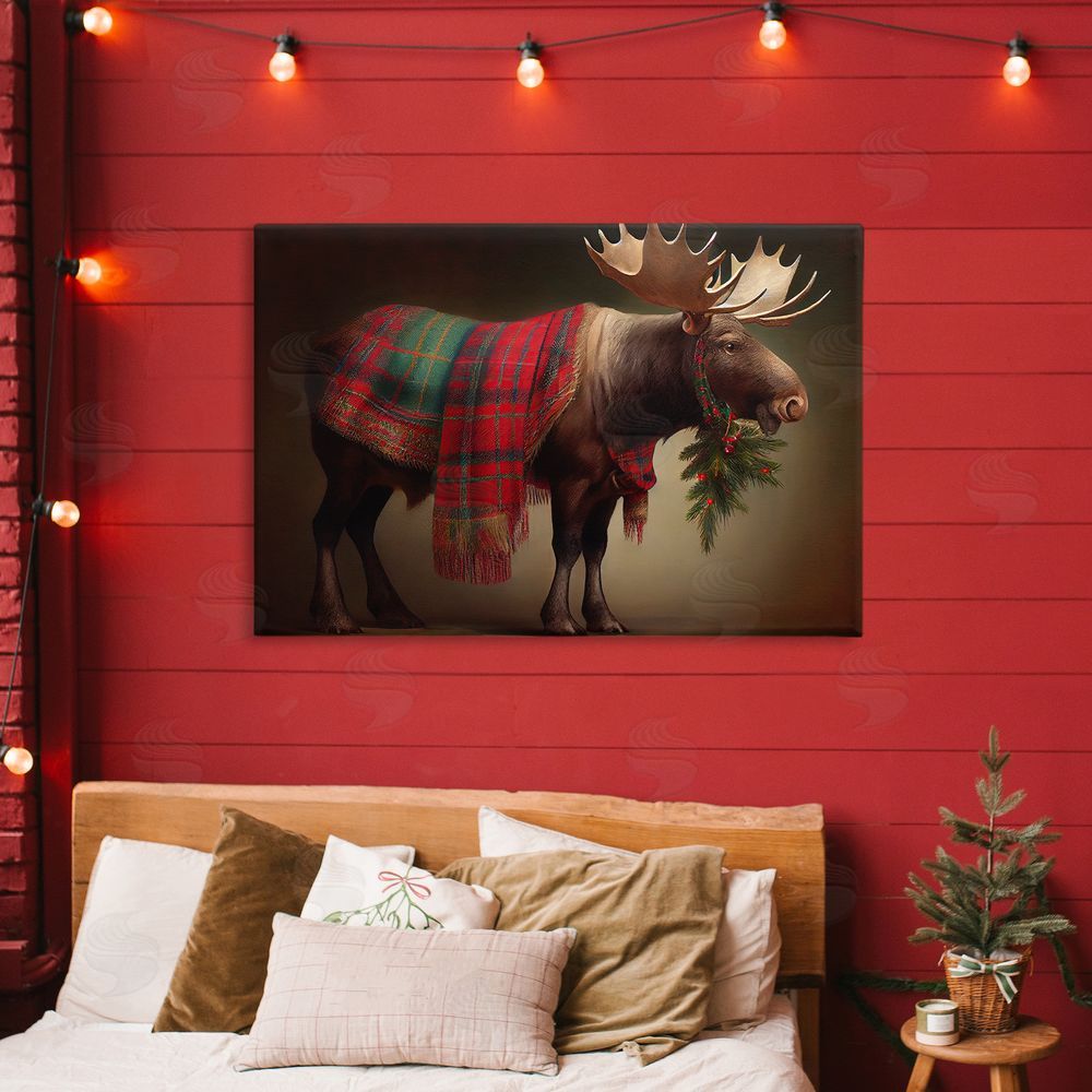 Sasha Festive Moose with Plaid Canvas Art on Wall