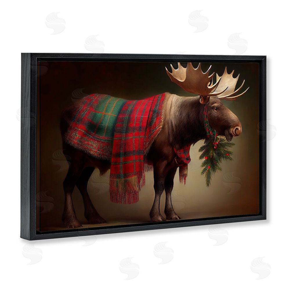 Sasha Festive Moose with Plaid Black Floating Frame Canvas Wall Art Print