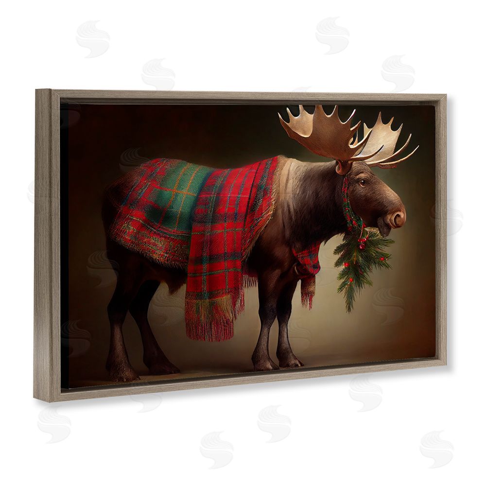 Sasha Festive Moose with Plaid Brown Floating Frame Canvas Wall Art Print