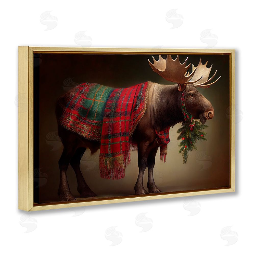 Sasha Festive Moose with Plaid Gold Floating Frame Canvas Wall Art Print