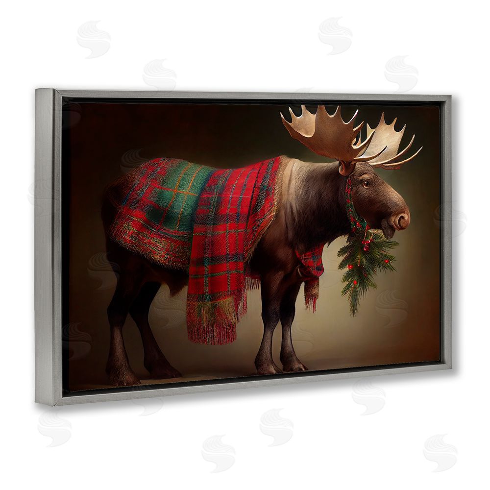Sasha Festive Moose with Plaid Gray Floating Frame Canvas Wall Art Print