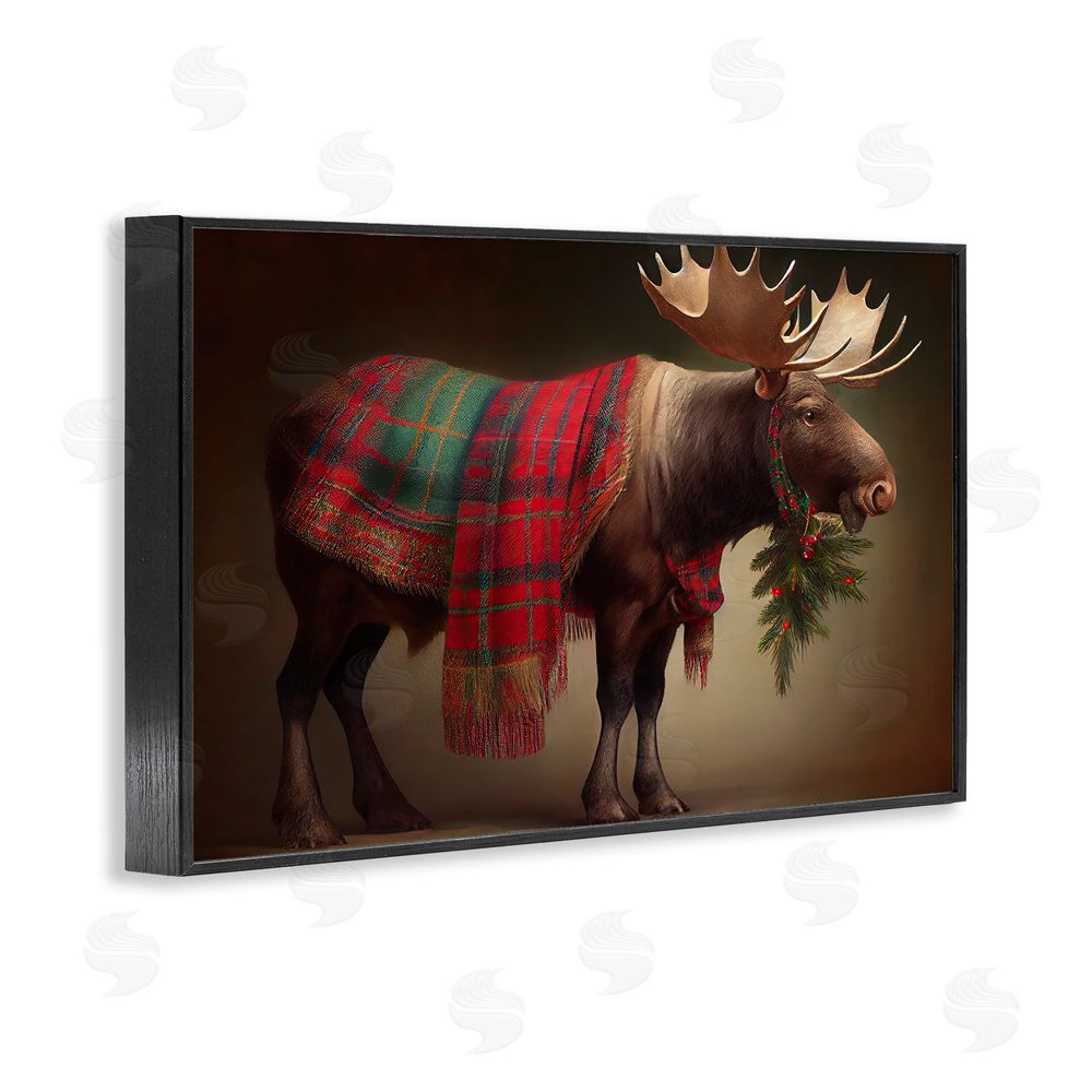 Sasha Festive Moose with Plaid Black Framed Giclee Wall Art Print