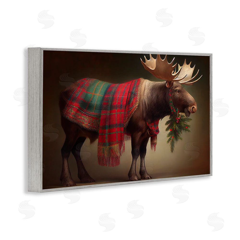 Sasha Festive Moose with Plaid Gray Framed Giclee Wall Art Print