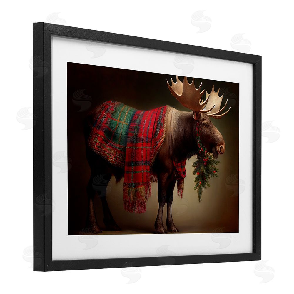 Sasha Festive Moose with Plaid Black Framed Print Under Glass with White Mat Wall Art