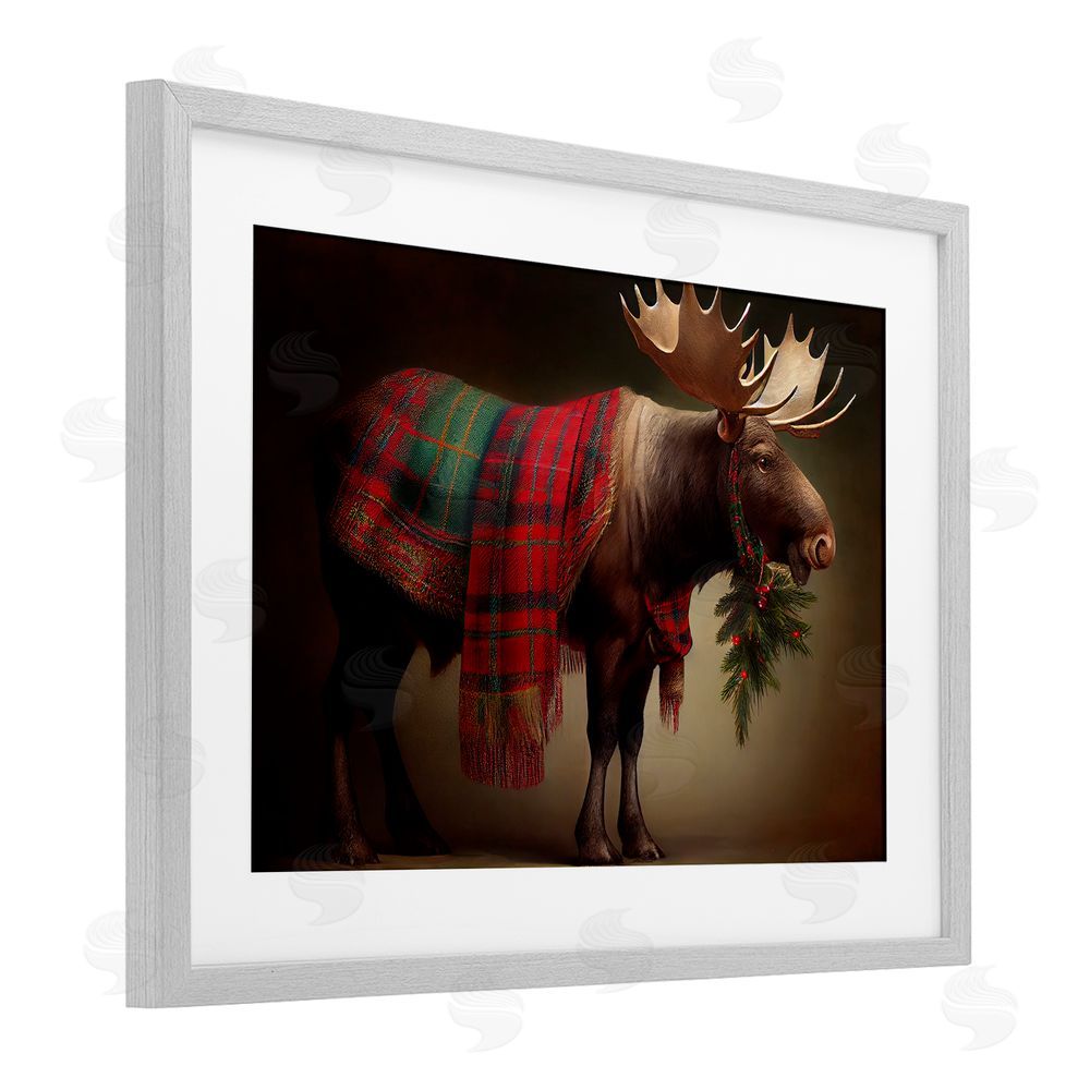 Sasha Festive Moose with Plaid Gray Framed Print Under Glass with White Mat Wall Art