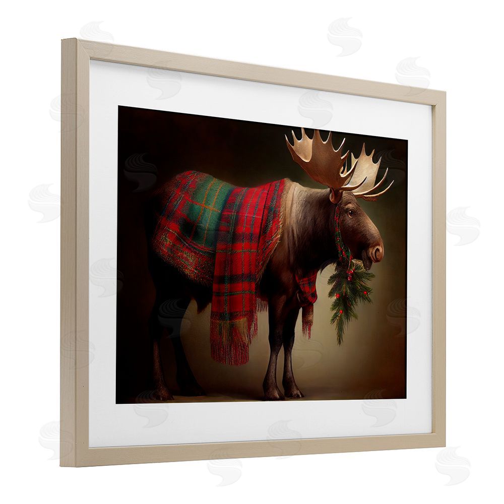 Sasha Festive Moose with Plaid Birch Framed Print Under Glass with White Mat Wall Art