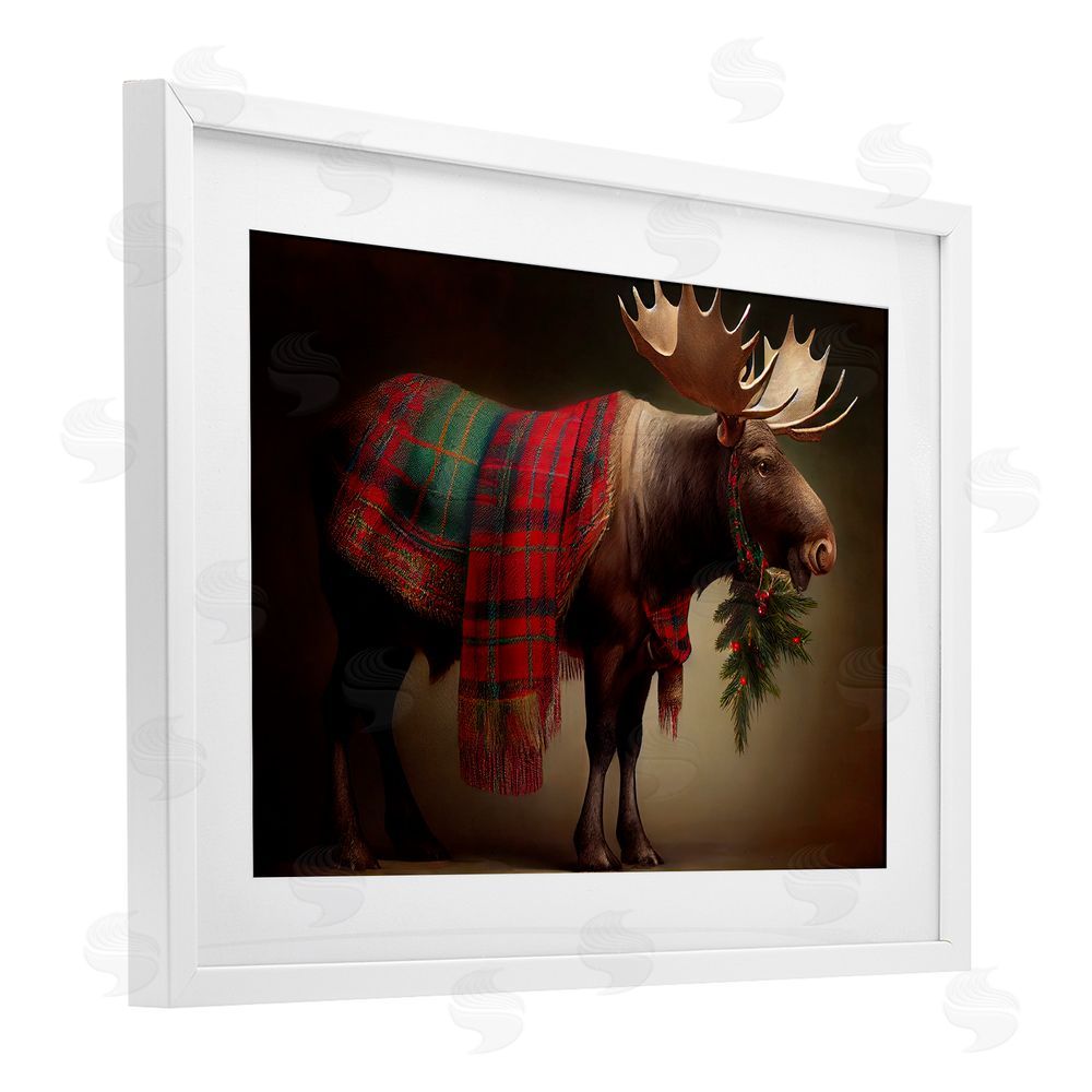 Sasha Festive Moose with Plaid White Framed Print Under Glass with Mat Wall Art