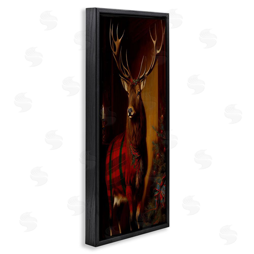Sasha Festive Plaid Deer Black Floating Frame Canvas Wall Art Print