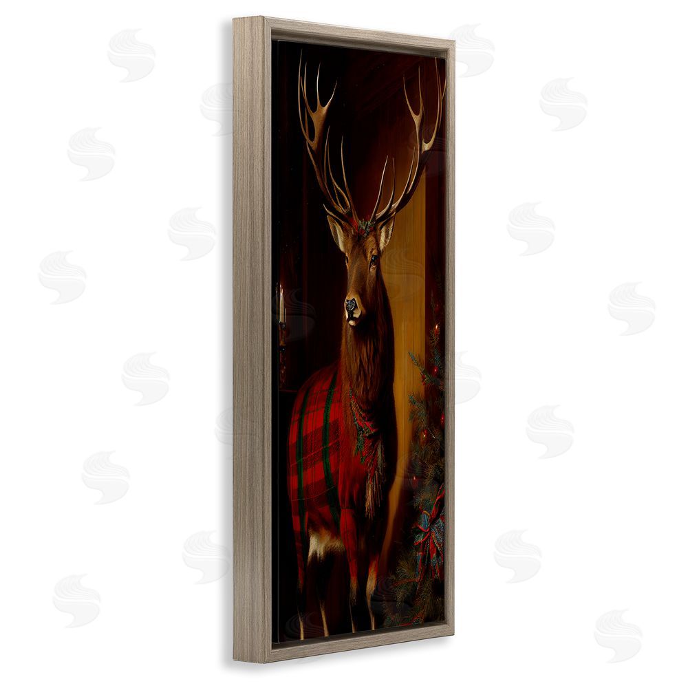 Sasha Festive Plaid Deer Brown Floating Frame Canvas Wall Art Print