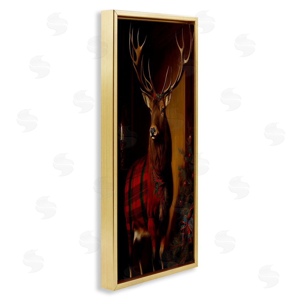 Sasha Festive Plaid Deer Gold Floating Frame Canvas Wall Art Print