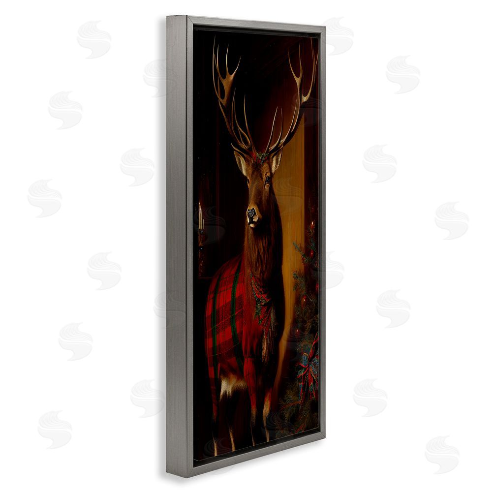Sasha Festive Plaid Deer Gray Floating Frame Canvas Wall Art Print