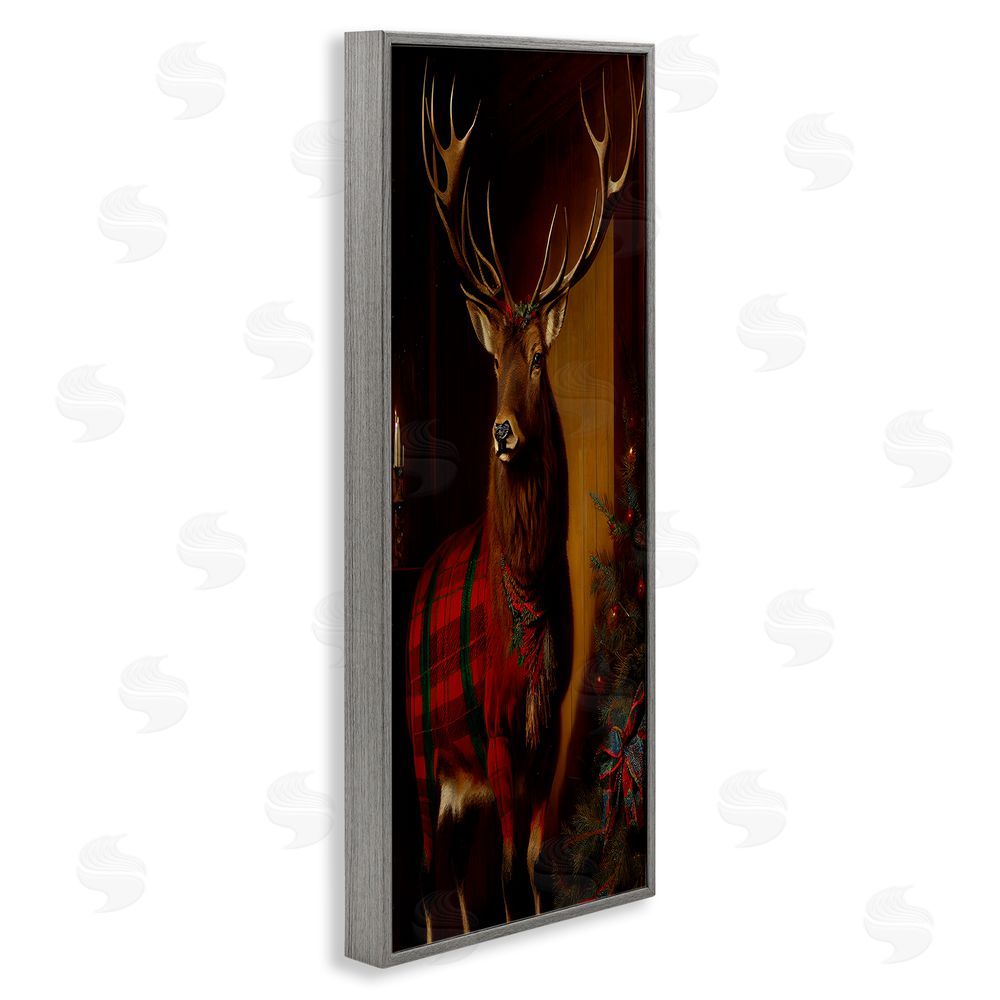 Sasha Festive Plaid Deer Gray Framed Giclee Wall Art Print