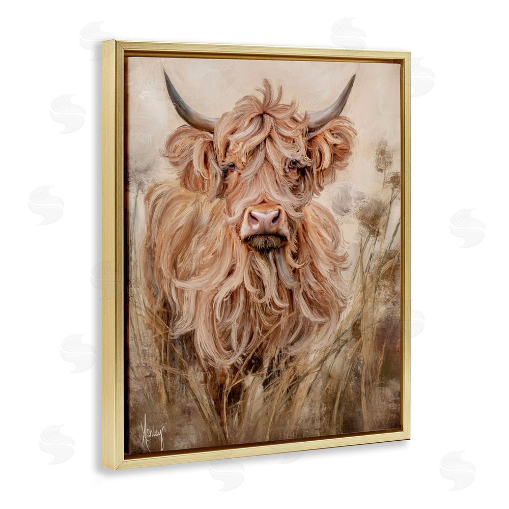 Ashley Bradley Curly Haired Highland Cattle Gold Floating Frame Canvas Wall Art Print
