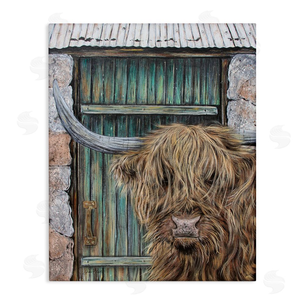 Jean Plout Highland Cow by Barn Door Stretched Canvas Wall Art Print