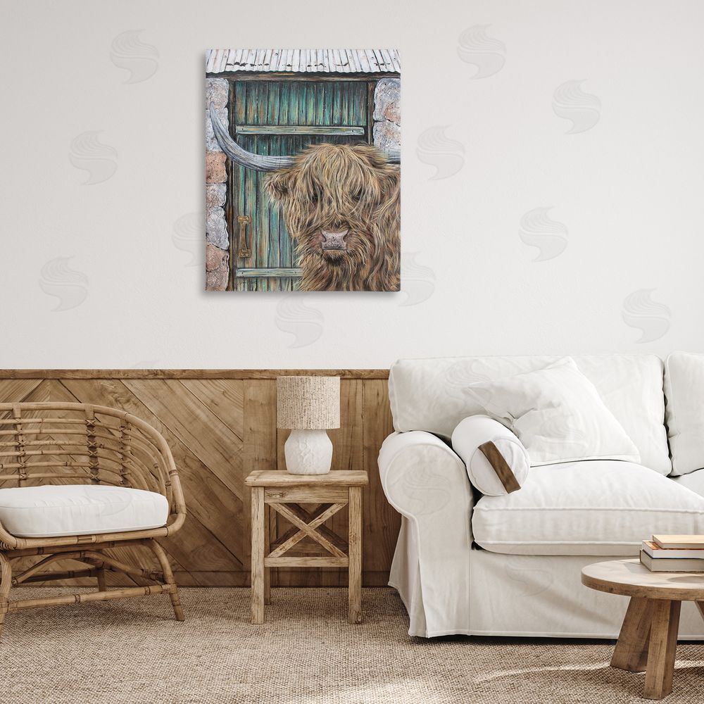 Jean Plout Highland Cow by Barn Door Stretched Canvas Wall Art Print in Room