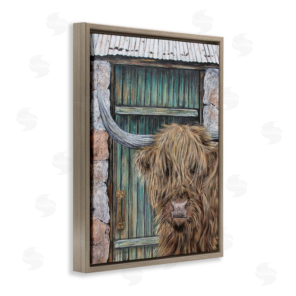 Jean Plout Highland Cow by Barn Door Brown Floating Frame Canvas Wall Art Print