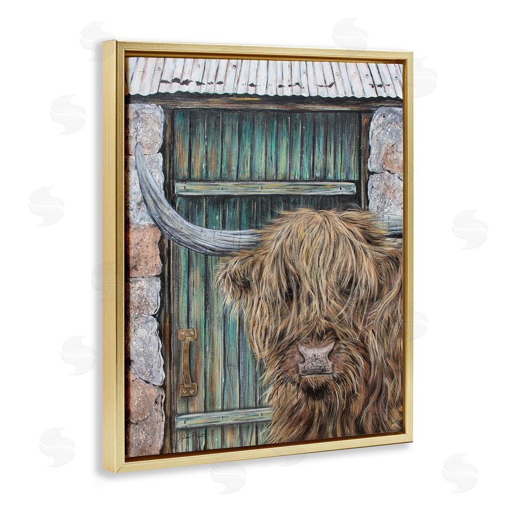 Jean Plout Highland Cow by Barn Door Gold Floating Frame Canvas Wall Art Print