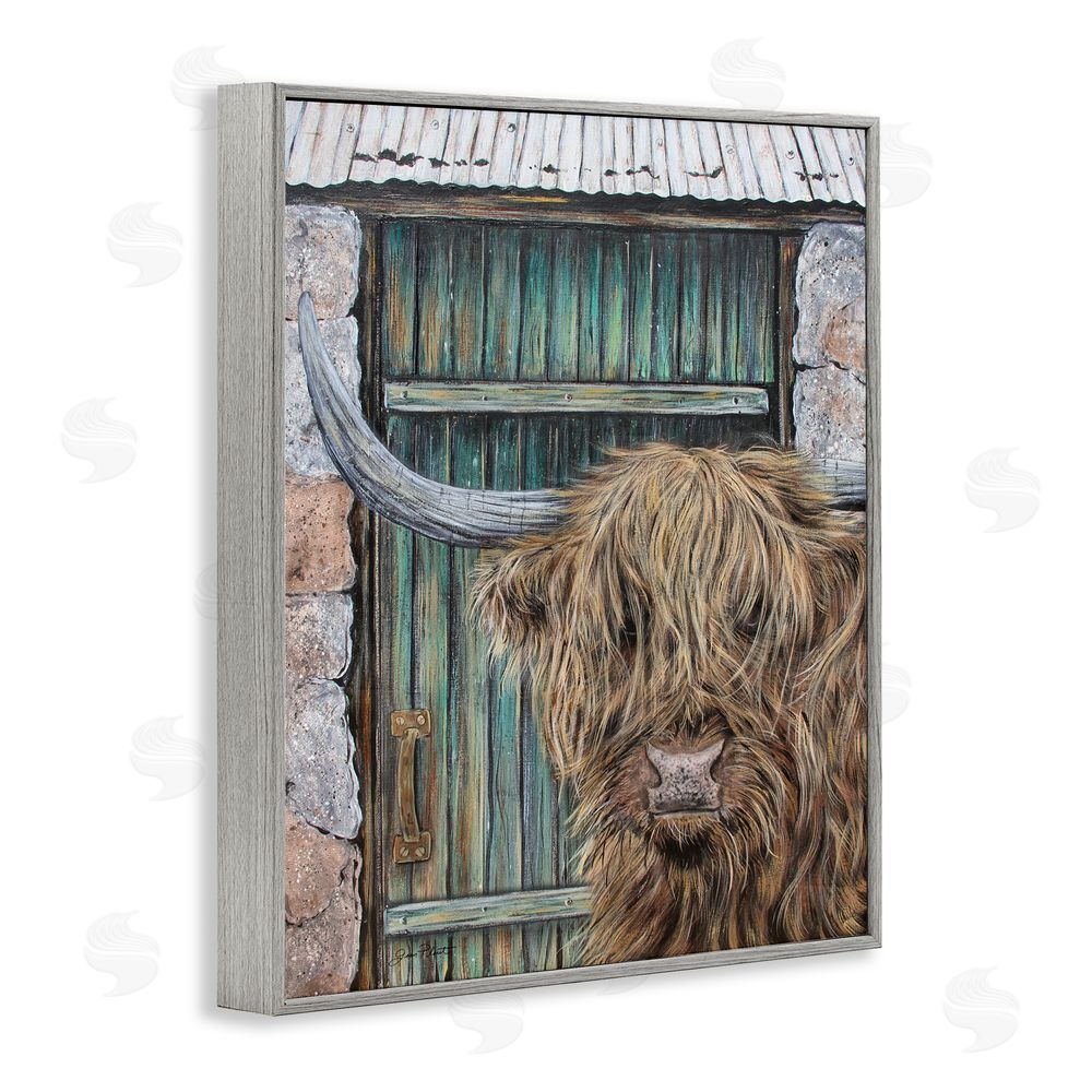 Jean Plout Highland Cow by Barn Door Gray Framed Giclee Print Wall Art