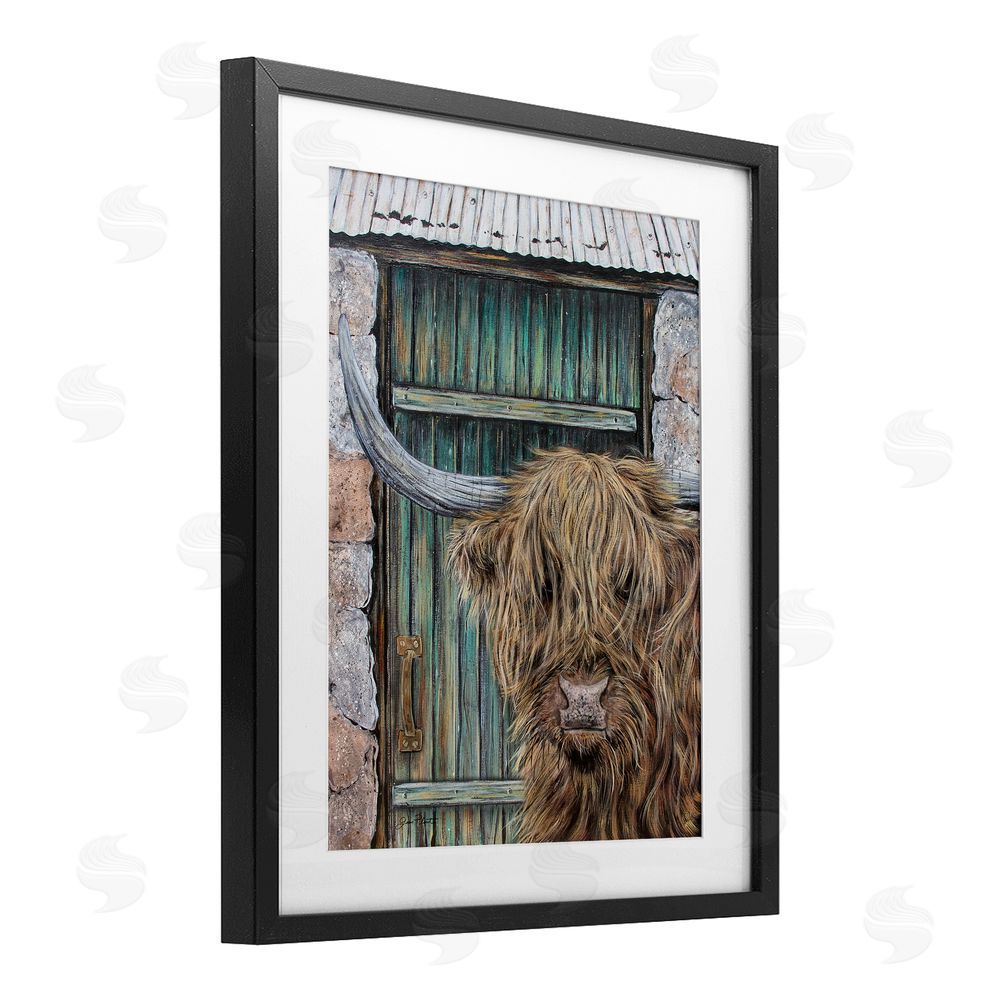 Jean Plout Highland Cow by Barn Door Black Framed Print Under Glass Wall Art