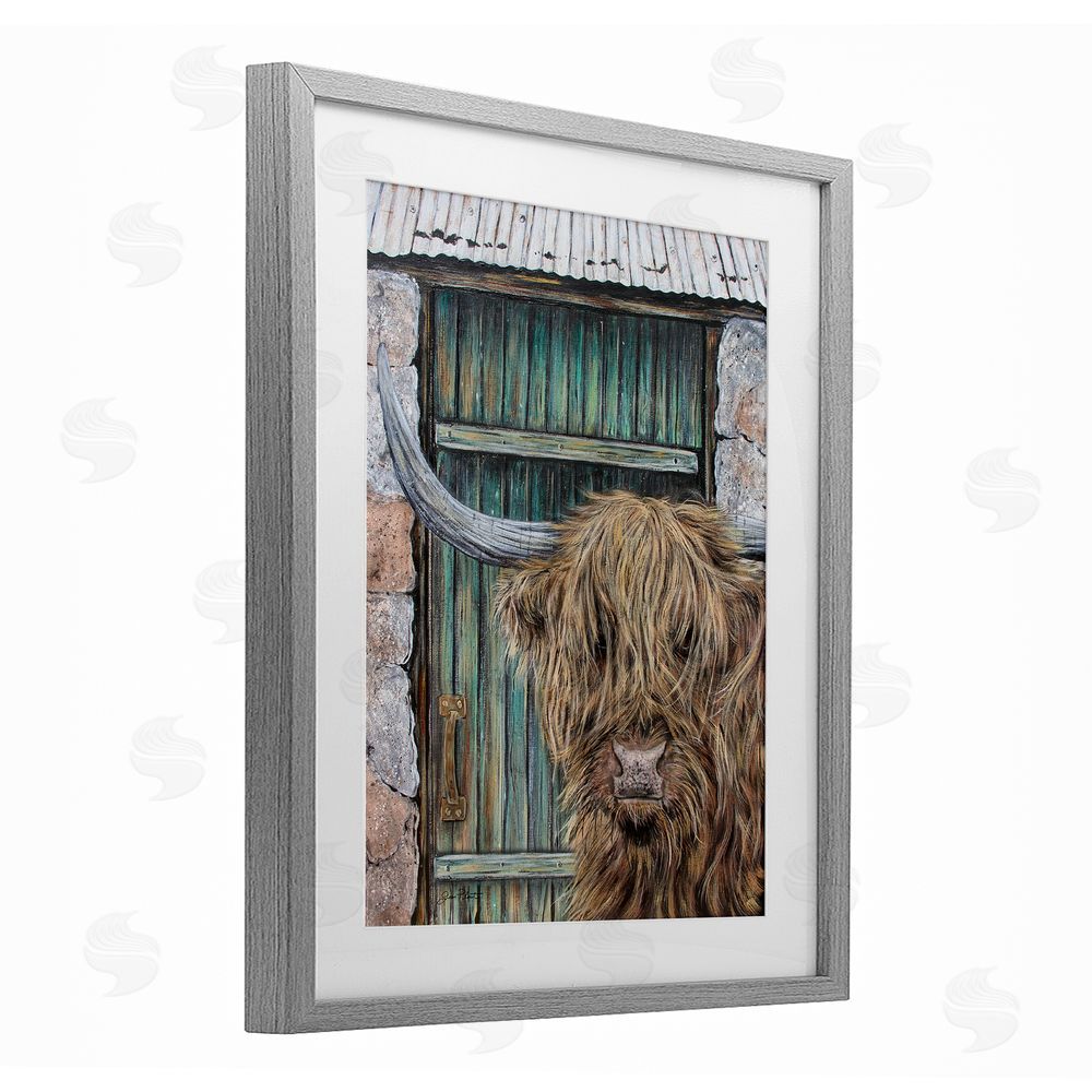 Jean Plout Highland Cow by Barn Door Gray Framed Print Under Glass Wall Art