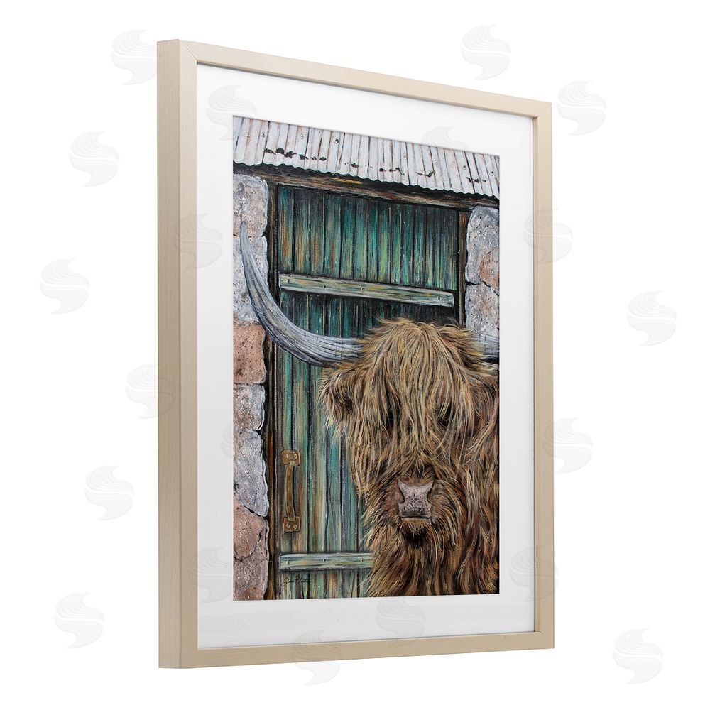 Jean Plout Highland Cow by Barn Door Brown Framed Print Under Glass Wall Art