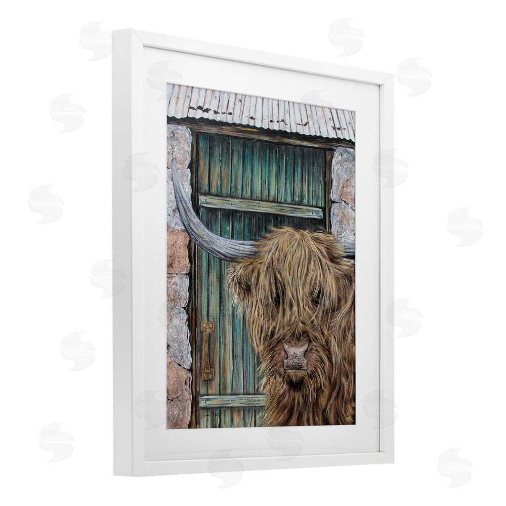 Jean Plout Highland Cow by Barn Door White Framed Print Under Glass Wall Art