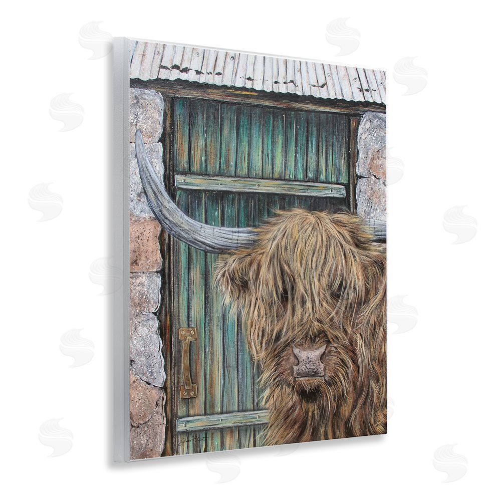 Jean Plout Highland Cow by Barn Door Wooden Wall Plaque Art Print
