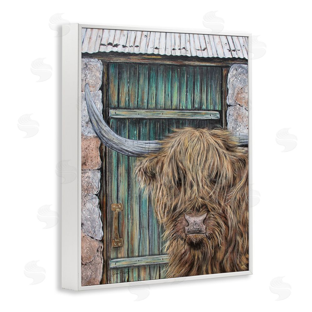 Jean Plout Highland Cow by Barn Door White Framed Giclee Print Wall Art