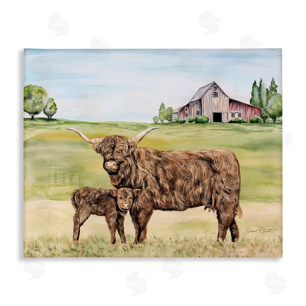 Jean Plout Highland Cow And Calf Stretched Canvas Wall Art Print